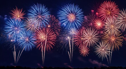 A vibrant display of colorful explosions illuminates the night sky. Various bursts of light radiate outward against a dark background