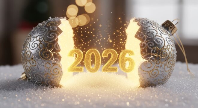 A decorative holiday ornament cracks open to reveal the glowing year 2026, resting on a bed of fake snow