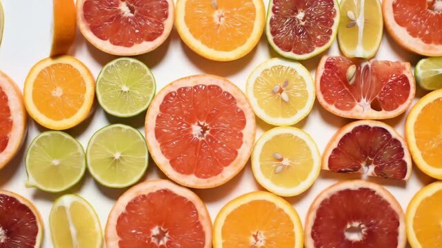 Overhead top-down of citrus fruits sliced in perfect pattern