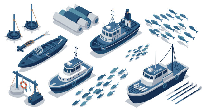 Isometric fishing boats and gear with fish school