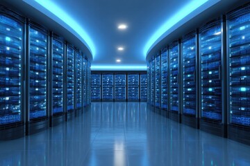 Fototapeta premium Modern server room, cool blue glow. Rows of server racks line a wide corridor. Glossy floor reflects the light