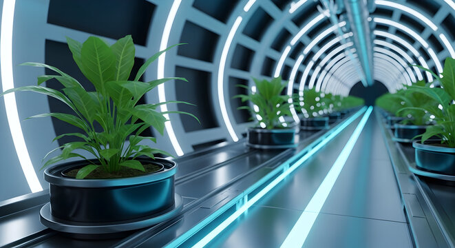 Modern indoor farm with vibrant green plants growing in futuristic setting - Powered by Adobe