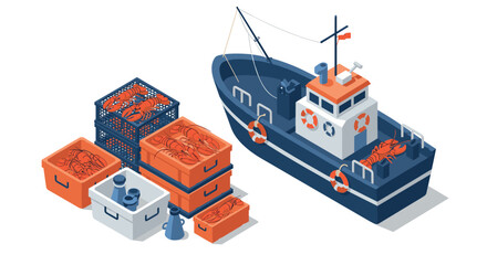 Isometric fishing boat with lobster catch and storage crates at harbor