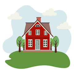Flat red Scandinavian house with white windows and brown roof. Minimal vector illustration of cozy home design.
