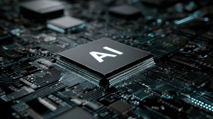 Close-up of a modern microchip featuring 'AI' letters, representing artificial intelligence and innovation in tech.