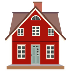 Flat red house with white windows, trees, green grass and blue sky. Cozy countryside home in Scandinavian style.