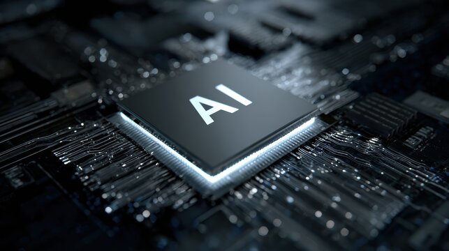 Close-up of a microprocessor with AI label on a dark circuit board, showcasing advanced technological innovations.