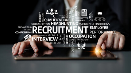 A professional hands interact with a tablet, illustrating key concepts in recruitment and employee...