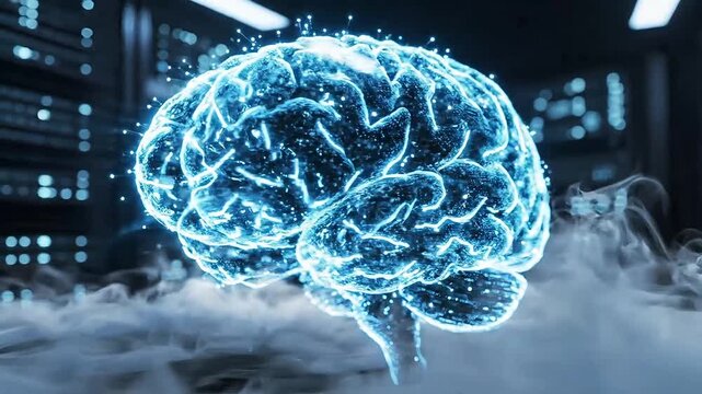 Dynamic brain activity simulation shows AI neural network processing big data in tech server room, representing advanced computing and cognitive science - Powered by Adobe