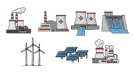 Energy Sources A Set of Illustrations Depicting Power Plants and Renewable Energy Technologies