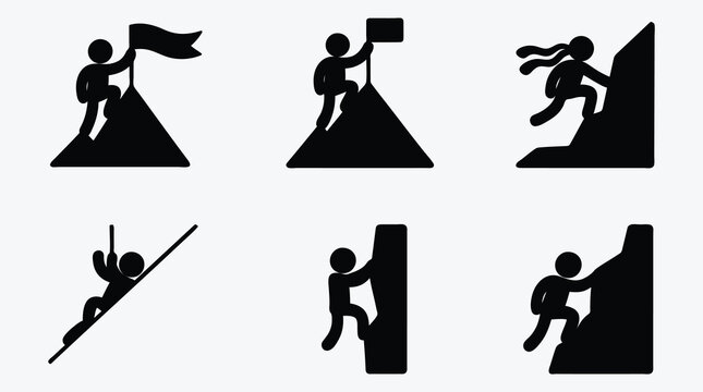 Stick figure climbers achieving mountain peak goals and overcoming challenges