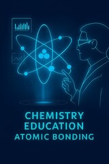 Futuristic chemistry education hologram showing atomic bonding in blue interface.
