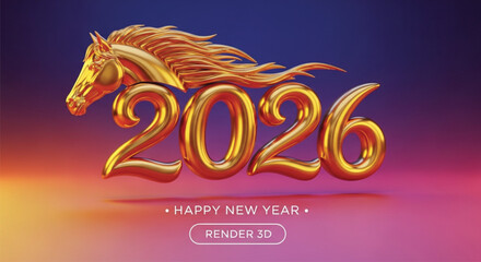 A stunning 3D render showcases a golden horse head gracefully integrated with the year 2026, creating a visually appealing Happy New Year design for cards.