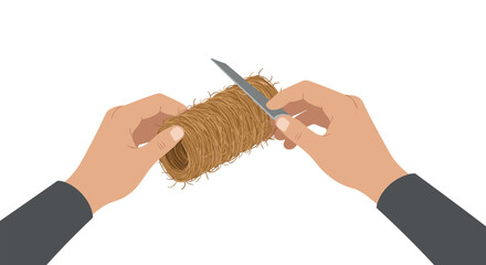 Obraz premium Hands holding knife and twine roll for cutting in realistic style
