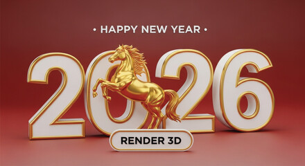 Celebrate the upcoming year with this stunning 3D render featuring a golden horse and the year 2026, wishing everyone a happy and prosperous new year ahead. 