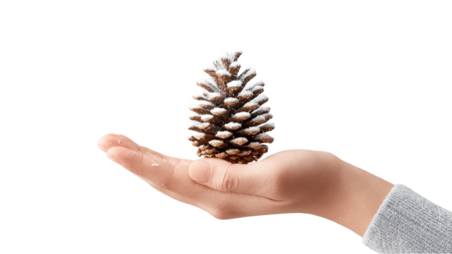 Pine Cone Covered in Snow Held in Hand - Powered by Adobe