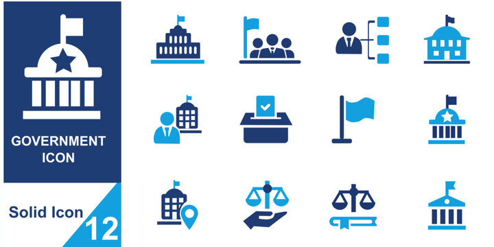 Government icons set  representing parliament, election and public services. Solid vector icons collection.