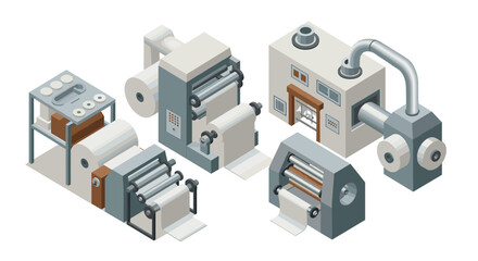 Obraz premium Industrial paper machinery in isometric design
