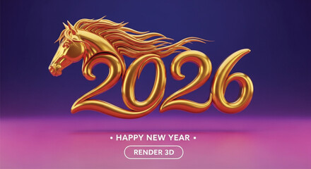 A golden horse head with the number 2026 for a happy new year celebration, set against a purple gradient background. Perfect for festive greetings and designs.