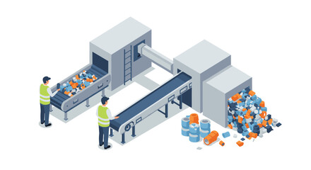 Fototapeta premium Isometric recycling factory with workers at conveyor belts sorting waste