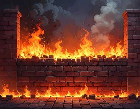 A burning brick wall erupts with flames, debris scattered below. A dark, stormy sky fills the background with billowing smoke - Powered by Adobe