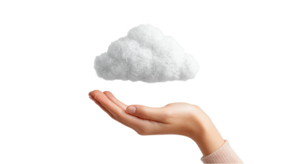 Conceptual Hand Holding White Fluffy Cloud Isolated on White - Weather Concept