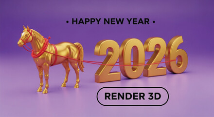 A golden horse is pulling the 2026 new year numbers. The background is purple. This is a 3D render style image. It is a festive and celebratory image.