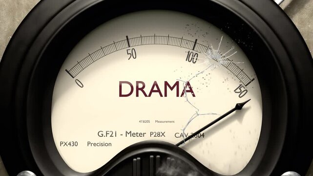 Drama meter showing big levels of drama. Dangerously increasing high values of drama, critical overload. Too much, off the charts. Max drama