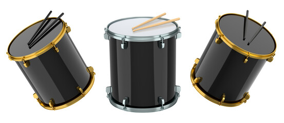 Set of drum and wooden drum sticks on white background. 3d render concept of musical instrument, drum machine