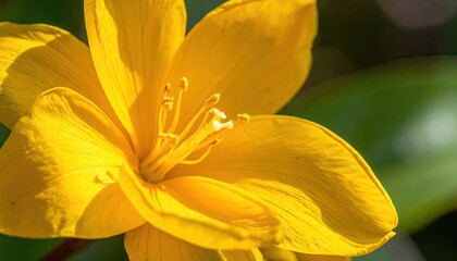 Fototapeta premium Close up of a vibrant yellow flower with delicate petals and visible stamen bathed in bright sunlight with soft green foliage in the background