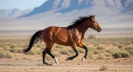 Obraz premium Running horse animal mammal equine wild nature desert landscape stallion brown beauty powerful fast free