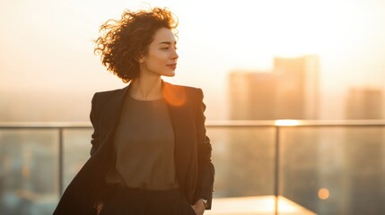 Confident businesswoman enjoying a sunset view from a modern skyscraper, representing success and ambition.