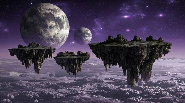 Floating islands under planets and stars with cloudy sky creating a surreal and fantasy landscape