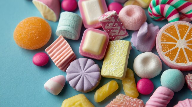 An overhead view displays a colorful and diverse assortment of candies arranged on a vibrant blue backdrop in studio