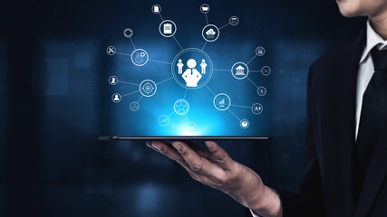 A concept of centralized business management and corporate strategy. A leadership team connecting to all functions like finance, operations, and planning. Motif