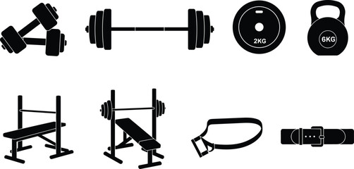 Gym fitness equipment icons set, dumbbells, barbells, kettlebells, weight plates, bench press, resistance band, lifting belt, workout, flat vector illustration