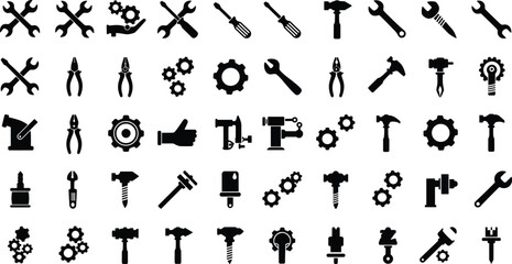 Tools icons, mechanical silhouettes, wrenches, screwdrivers, hammers, pliers, gears, calipers, drills, workshop equipment, engineering parts, repair symbols, flat vector