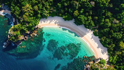 Aerial view of a secluded tropical island cove with lush green jungle meeting a white sand beach and crystal clear turquoise ocean waters sparkling under bright sunlight