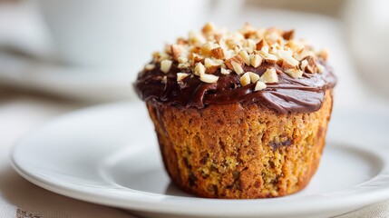 Banana chocolate muffin with nuts close-up