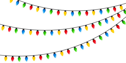 Vector image of Christmas lights. Festive decor and decoration made of colorful Christmas lights. Graphic element for your designs, Christmas cards, websites, banners, and posters.