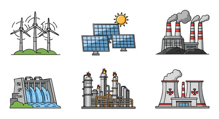 Energy Sources Icons Set Wind Turbines, Solar Panels, Power Plants, and More