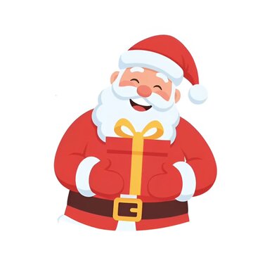 Santa Claus holding a red gift box with a yellow ribbon, smiling with closed eyes.