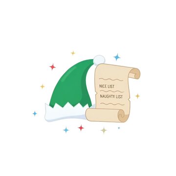 Illustration of an elf hat and a scroll with the words 'Nice List' and 'Naughty List'.