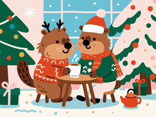 Two Beavers Drinking Hot Cocoa in a Cozy Winter Scene