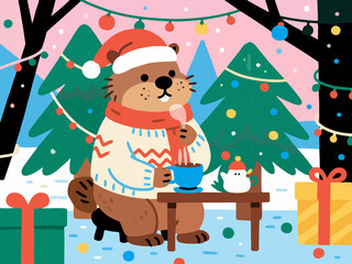 Beaver in Santa Hat and Sweater Drinking Coffee Outdoors