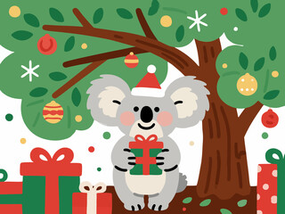Fototapeta premium Koala with Gift Box under a Green Tree