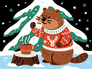 Beaver in Ugly Christmas Sweater Drinking Hot Chocolate