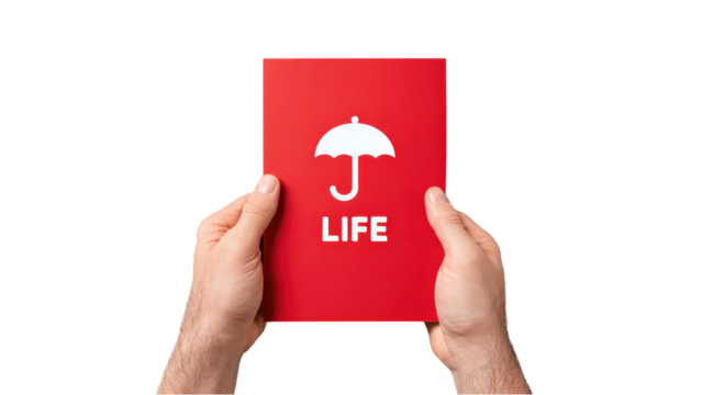Hands Holding Red Card with Life Insurance Umbrella Symbol