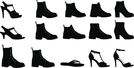 Footwear silhouette set, fashion shoe collection, boots heels sandals icons, black design pack, stylish footwear illustration, retail fashion elements, flat vector
