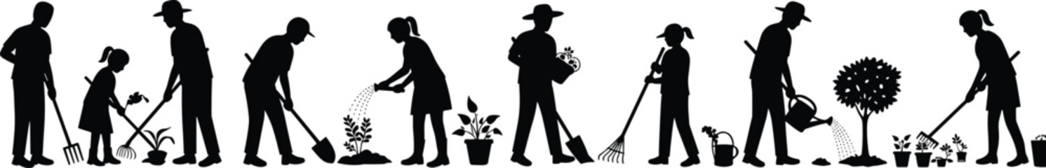 Gardening silhouettes, people planting, watering plants, family teamwork, outdoor activity, eco lifestyle, children learning, garden tools, community nature care, flat vector